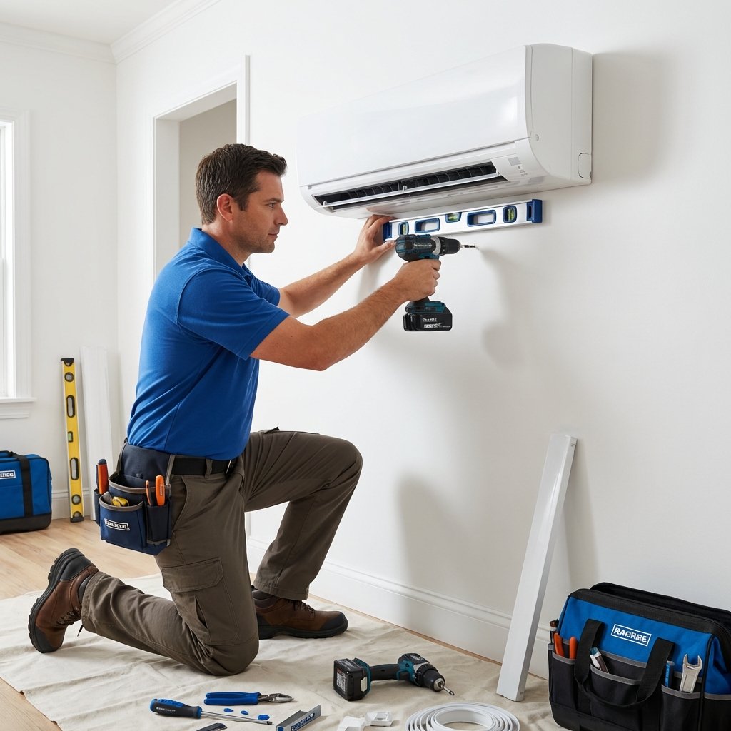 Técnico realizando instalação de ar condicionado split em parede